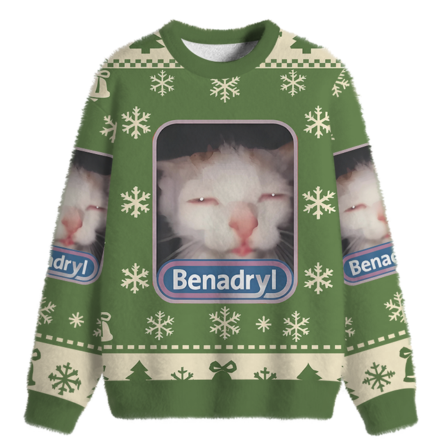 Uglysweatershops Green Psychedelic Cat Fuzzy Christmas Ugly Sweatshirt