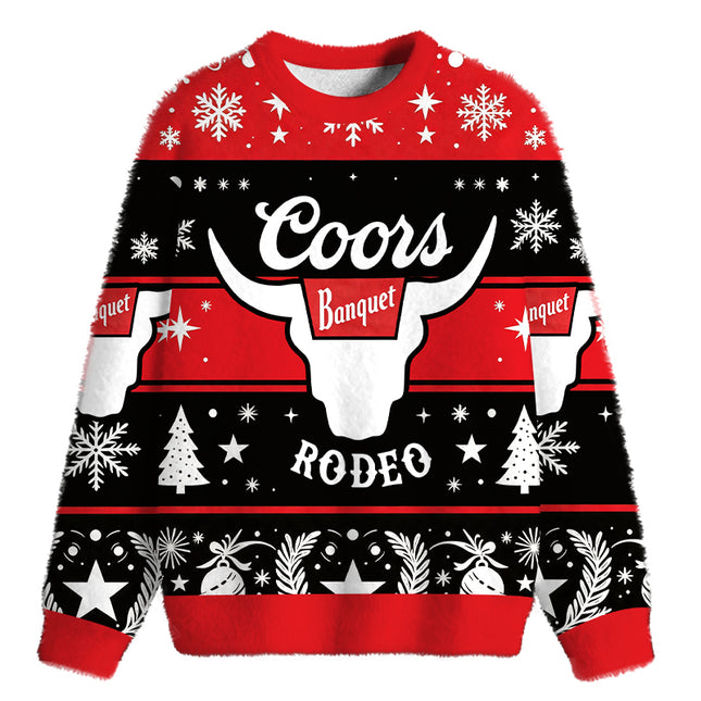 Uglysweatershops West Cow Skull Fuzzy Christmas Ugly Sweatshirt