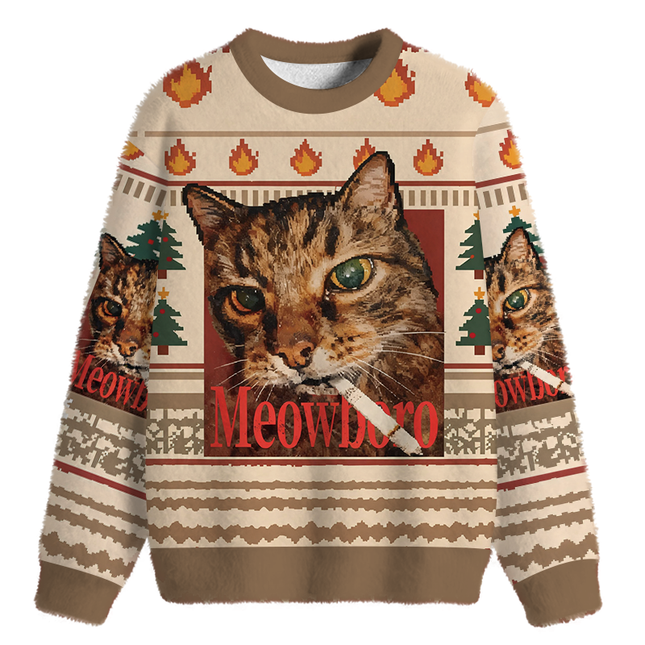 Uglysweatershops Meowlboro Smoking Cat Funny Fuzzy Christmas Ugly Sweatshirt