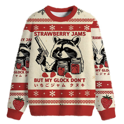Uglysweatershops Strawberry Jams Raccoon Fuzzy Christmas Ugly Sweatshirt