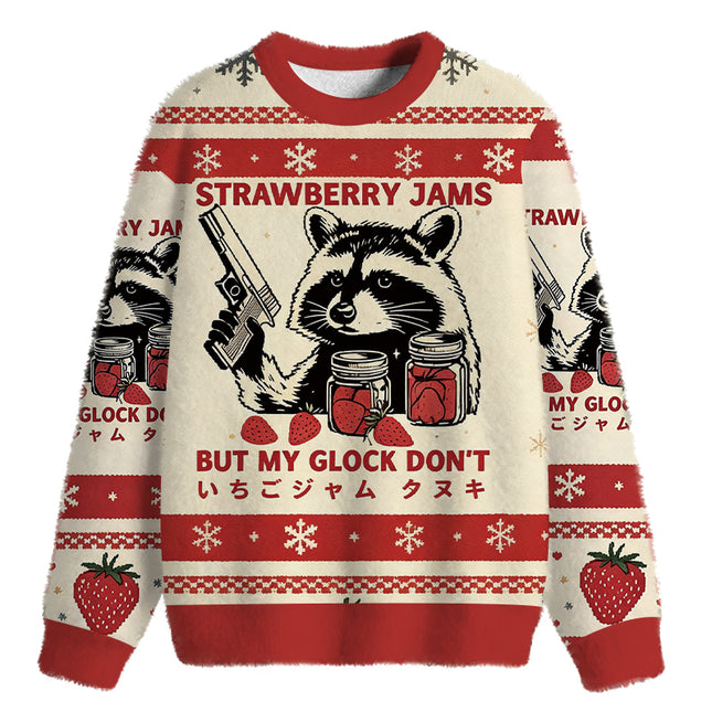 Uglysweatershops Strawberry Jams Raccoon Fuzzy Christmas Ugly Sweatshirt