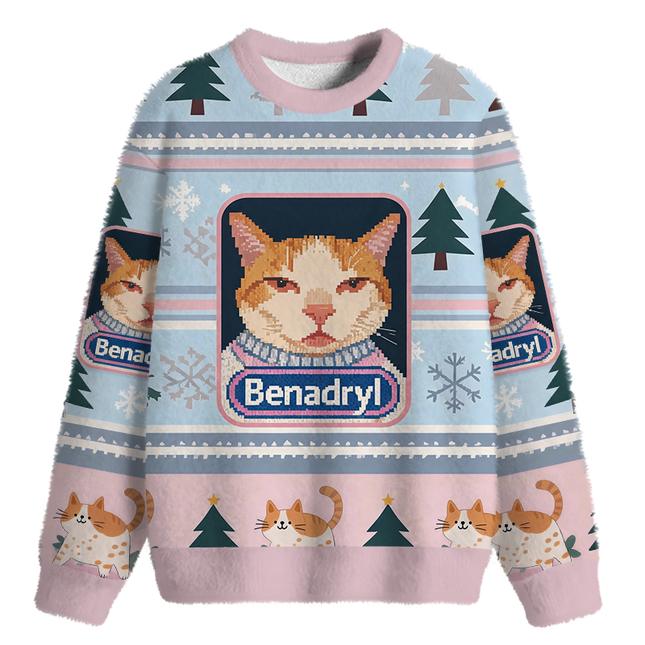 Uglysweatershops Pink Drowsy Cat Meme Funny Fuzzy Christmas Ugly Sweatshirt