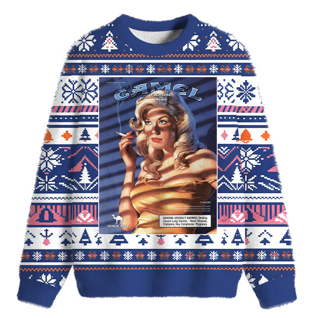 Uglysweatershops Vintage Women Smoking Fuzzy Christmas Ugly Sweatshirt