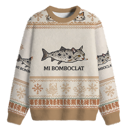 Uglysweatershops Bomboclat Fish Cat Meme Fuzzy Christmas Ugly Sweatshirt