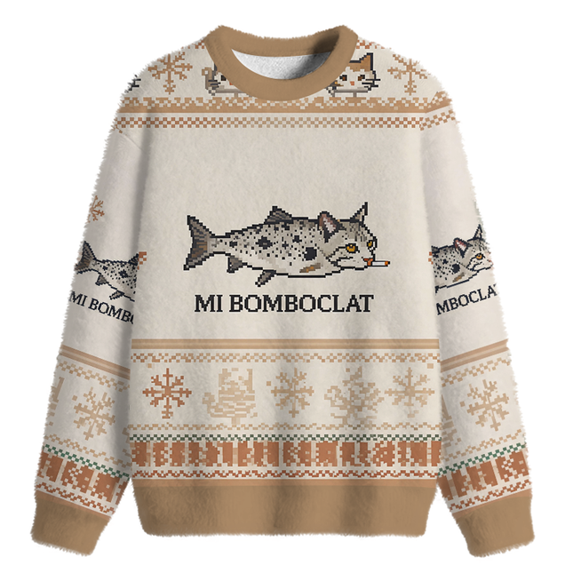 Uglysweatershops Bomboclat Fish Cat Meme Fuzzy Christmas Ugly Sweatshirt
