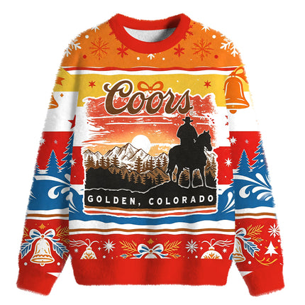 Uglysweatershops Vintage Western Cowboy Mountain Sunset Fuzzy Christmas Ugly Sweatshirt
