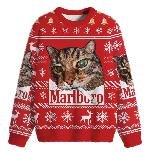 Uglysweatershops Red Funny Smoking Cat Meme Fuzzy Christmas Ugly Sweatshirt