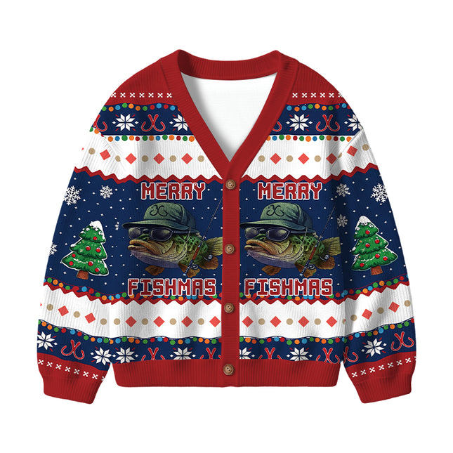 Uglysweatershops Merry Fishmas Kids Ugly Cardigan Sweater