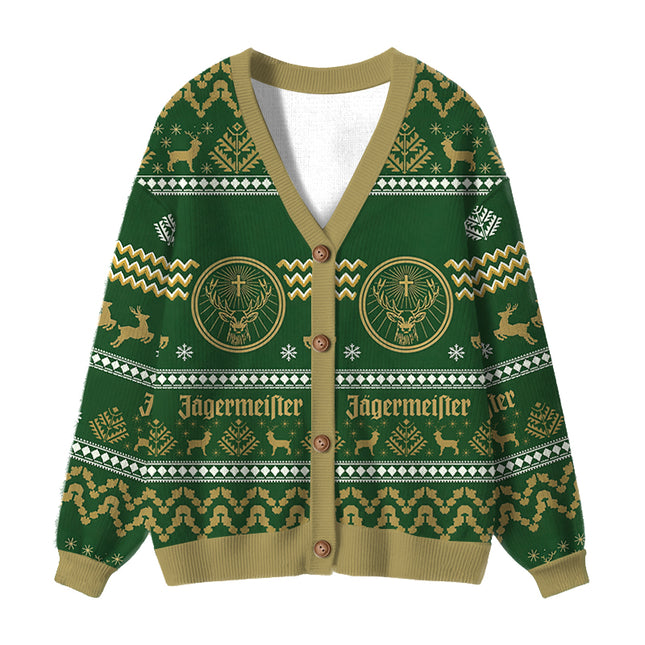 Uglysweatershops Green Deer Ugly Cardigan Sweater
