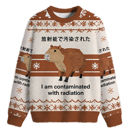 Uglysweatershops Brown Capybara Contaminated By Radiation Fuzzy Christmas Ugly Sweatshirt