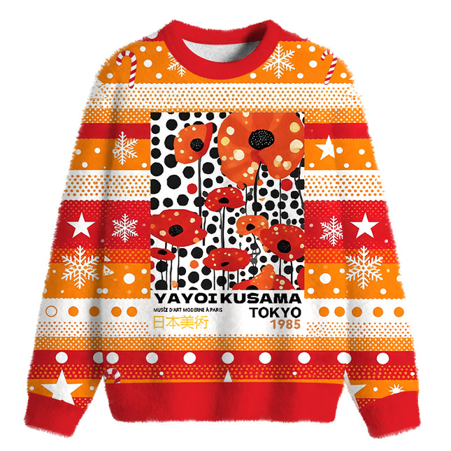 Uglysweatershops Art Flower Vintage Fuzzy Christmas Ugly Sweatshirt