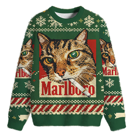 Uglysweatershops Funny Smoking Cat Green Fuzzy Christmas Ugly Sweatshirt