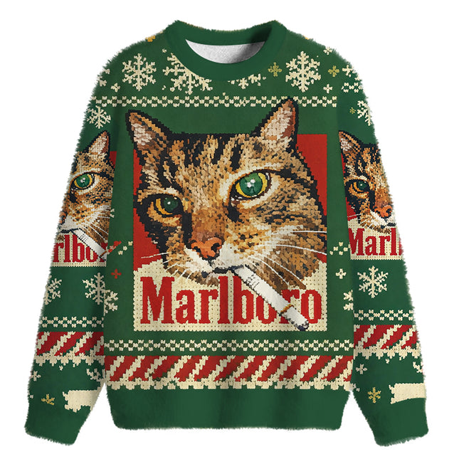 Uglysweatershops Funny Smoking Cat Green Fuzzy Christmas Ugly Sweatshirt