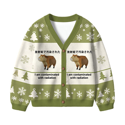 Uglysweatershops Green Capybara Contaminated By Radiation Kids Ugly Cardigan Sweater