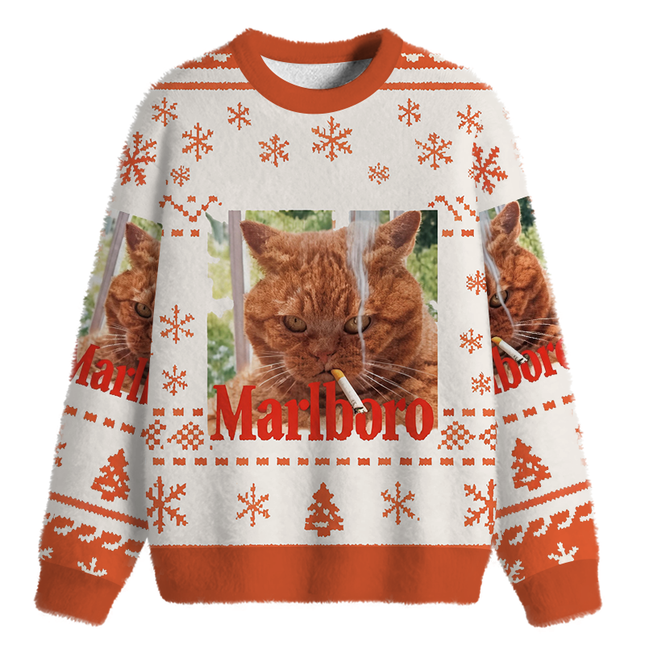 Uglysweatershops Smkong Orange Cat Fuzzy Christmas Ugly Sweatshirt