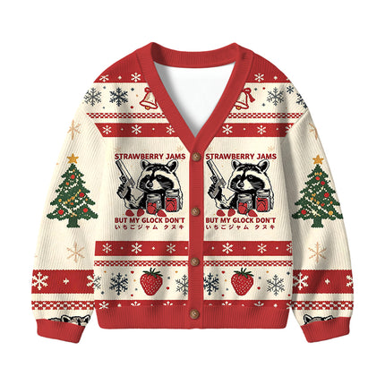 Uglysweatershops Strawberry Jams Raccoon Kids Ugly Cardigan Sweater