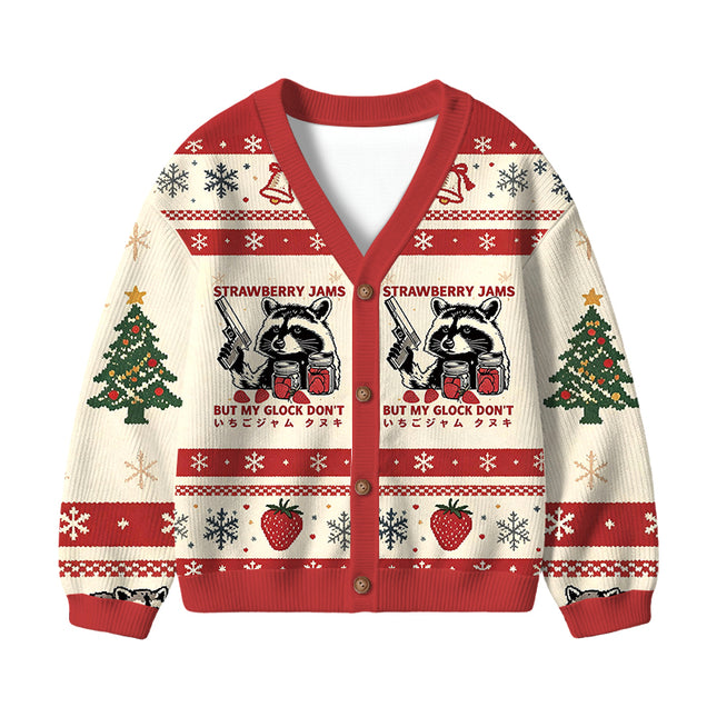 Uglysweatershops Strawberry Jams Raccoon Kids Ugly Cardigan Sweater