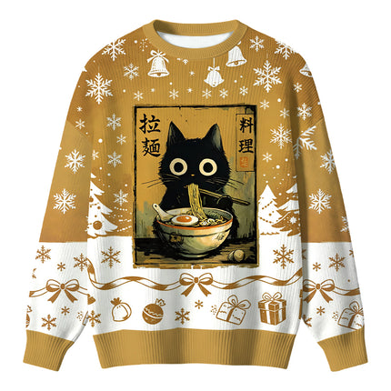 Uglysweatershops Cute Black Cat Eating Ramen Christmas Ugly Sweater