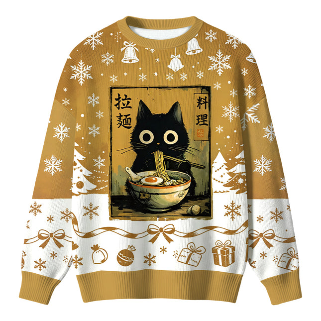 Uglysweatershops Cute Black Cat Eating Ramen Christmas Ugly Sweater