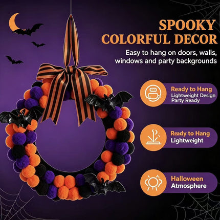 Uglysweatershops Halloween Black Bat Bow Pom-Pom Wreath