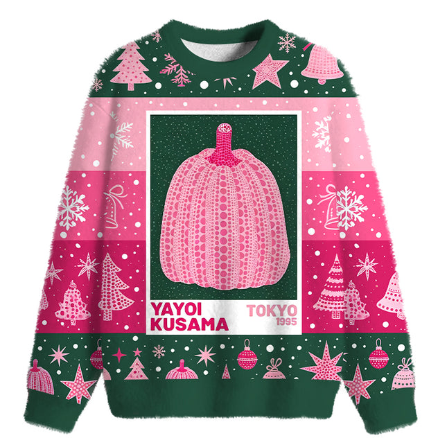 Uglysweatershops Art Pink Pumpkin Fuzzy Christmas Ugly Sweatshirt