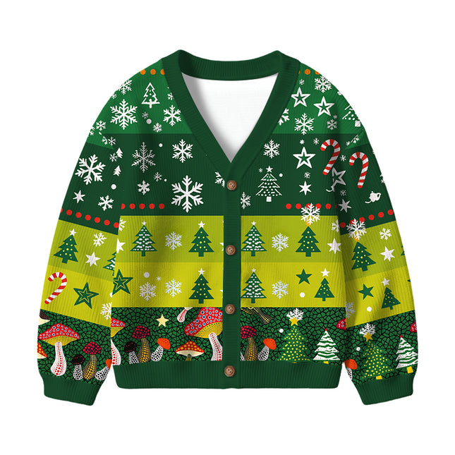 Uglysweatershops Art Spotted Mushroom Vintage Kids Ugly Cardigan Sweater