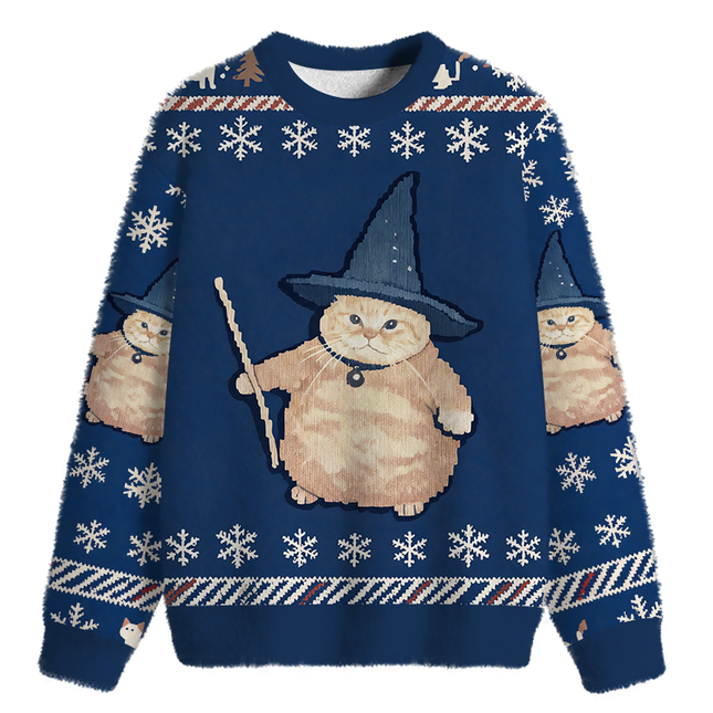 Uglysweatershops Wizard Cat Funny Fuzzy Christmas Ugly Sweatshirt
