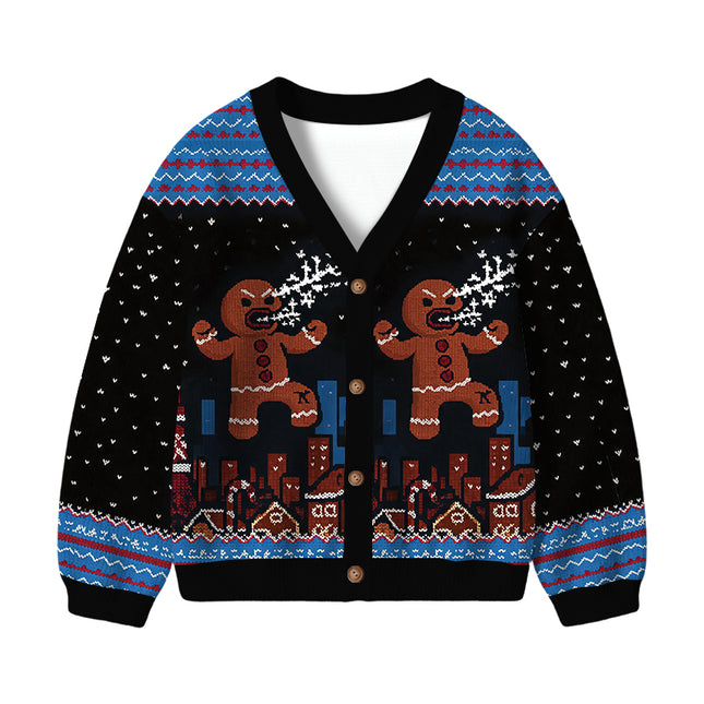 Uglysweatershops Gingerbread Monster Kids Ugly Cardigan Sweater