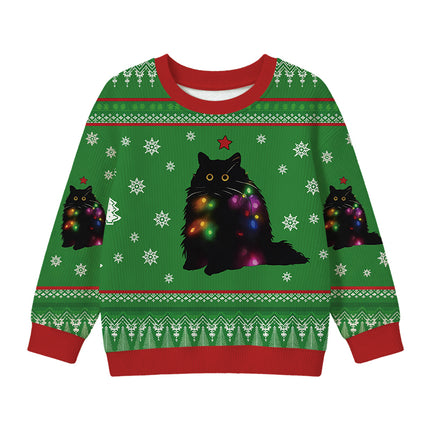 Uglysweatershops Lights Cat Green Kids Ugly Sweater