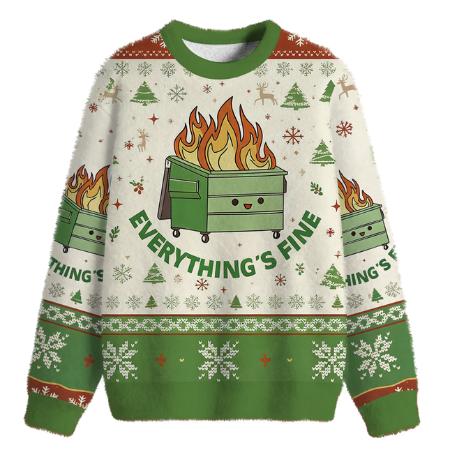 Uglysweatershops Everything is Fine Fuzzy Christmas Ugly Sweatshirt
