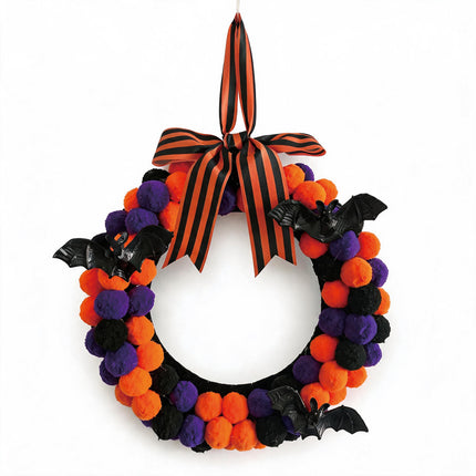 Uglysweatershops Halloween Black Bat Bow Pom-Pom Wreath