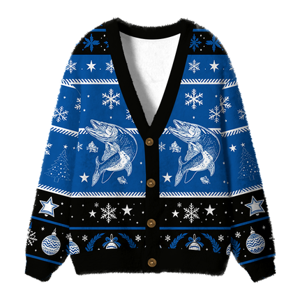 Uglysweatershops Land of Sky Blue Fuzzy Ugly Cardigan Sweatshirt