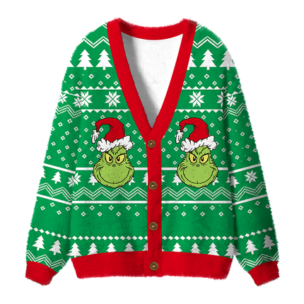 Uglysweatershops Naughty Holiday Fuzzy Ugly Cardigan Sweatshirt