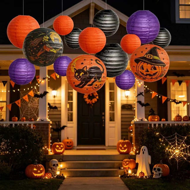 Uglysweatershops Halloween 15-Pack Cartoon Witch Pumpkin Black Cat Holiday Decoration Paper Lanterns