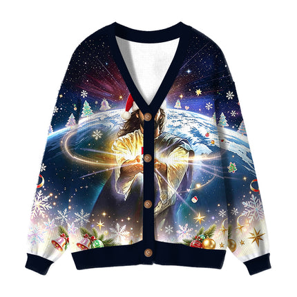 Uglysweatershops Jesus Holding a Cigarette Ugly Cardigan Sweater