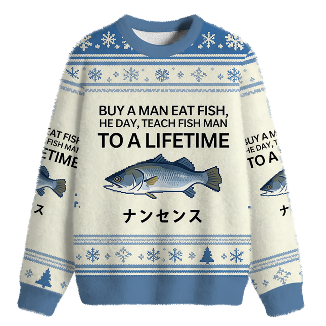 Uglysweatershops Buy a Man Eat Fish Fuzzy Christmas Ugly Sweatshirt