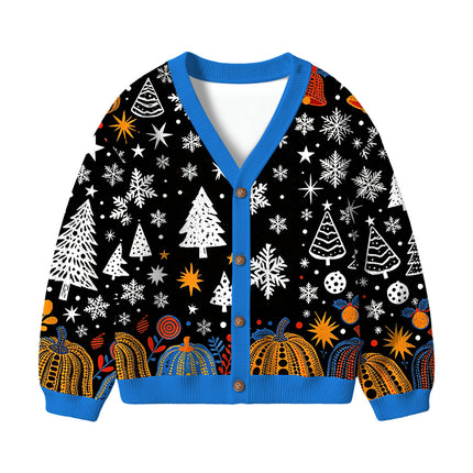 Uglysweatershops Blue Yellow Pumpkin Kids Ugly Cardigan Sweater