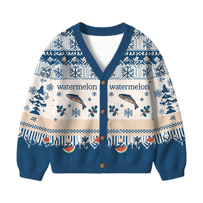 Uglysweatershops Watermelon Fish Kids Ugly Cardigan Sweater