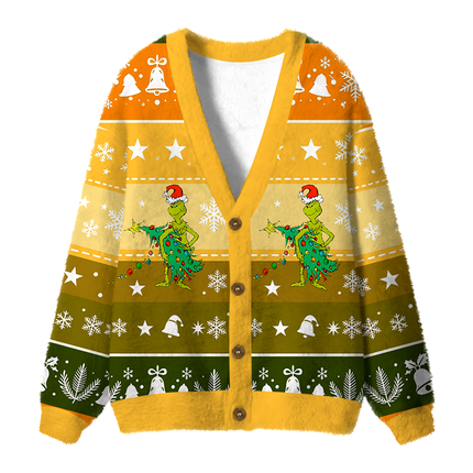 Uglysweatershops Christmas Tree Sneaky Thief Fuzzy Ugly Cardigan Sweatshirt