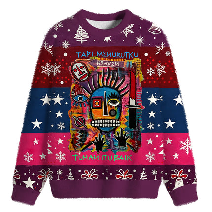 Uglysweatershops Primitive Chaos Abstract Face Fuzzy Christmas Ugly Sweatshirt