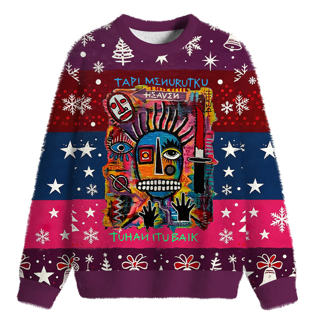 Uglysweatershops Primitive Chaos Abstract Face Fuzzy Christmas Ugly Sweatshirt
