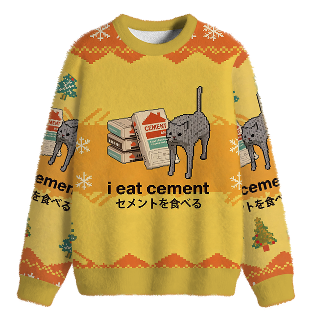 Uglysweatershops I Eat Cement Yellow Fuzzy Christmas Ugly Sweatshirt