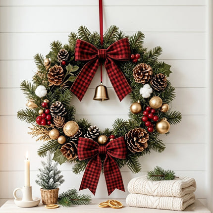 Uglysweatershops Christmas Checkered Bow Bell Wreath