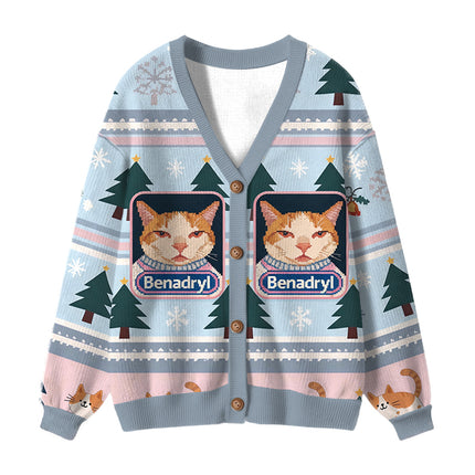 Uglysweatershops Pink Drowsy Cat Meme Funny Ugly Cardigan Sweater