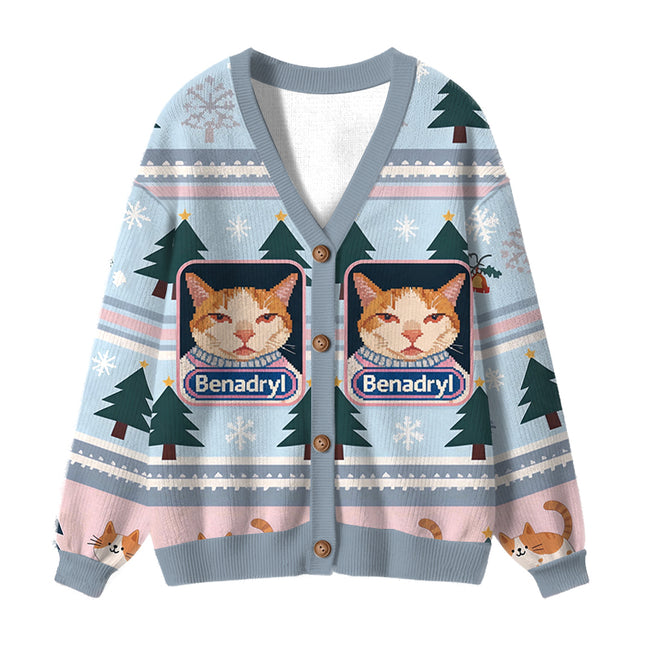 Uglysweatershops Pink Drowsy Cat Meme Funny Ugly Cardigan Sweater