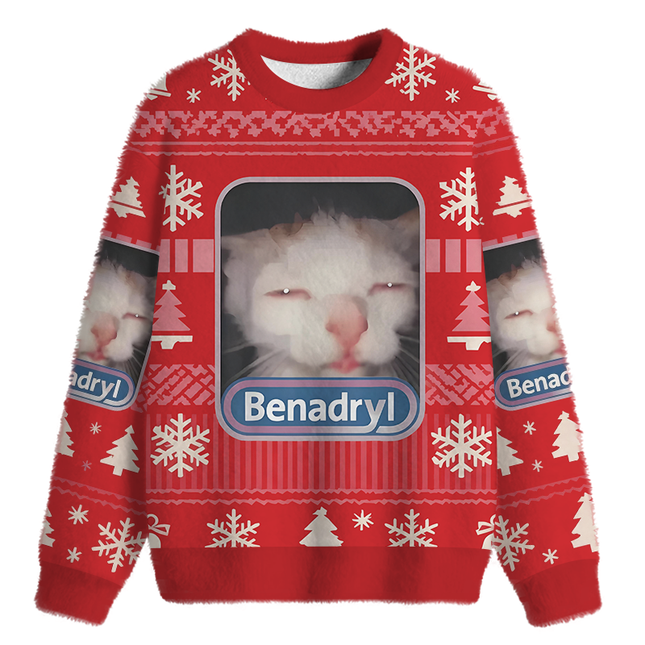 Uglysweatershops Red Psychedelic Cat Fuzzy Christmas Ugly Sweatshirt