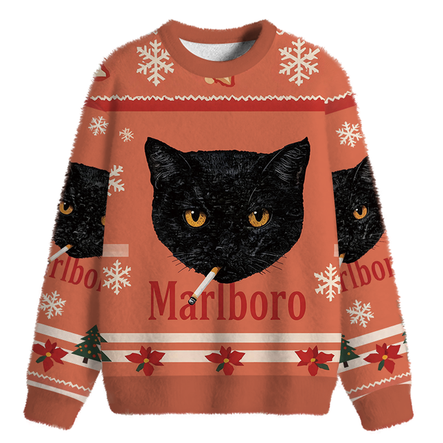 Uglysweatershops Smoking Black Cat Vintage Fuzzy Christmas Ugly Sweatshirt