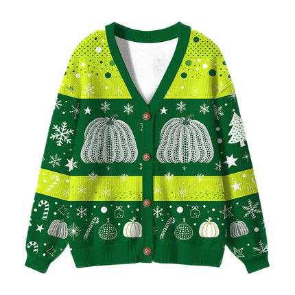 Uglysweatershops Art Green Pumpkin Vintage Ugly Cardigan Sweater