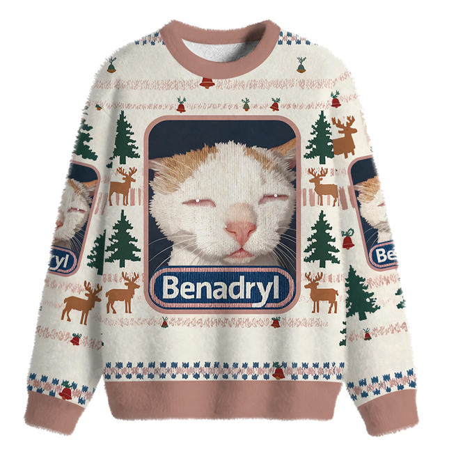 Uglysweatershops Drowsy Cat Meme Funny Fuzzy Christmas Ugly Sweatshirt