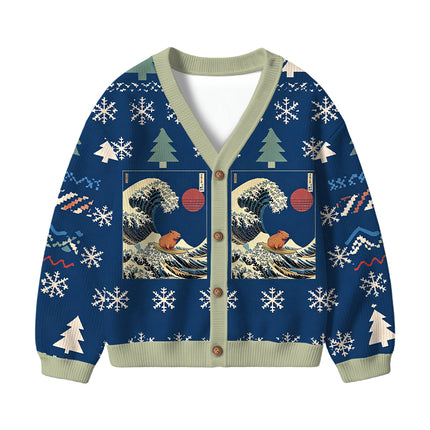 Uglysweatershops Capybara Surfing Kids Ugly Cardigan Sweater